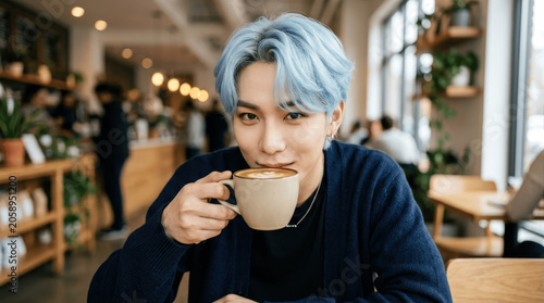 Young Asian Man with Blue Hair Drinking Coffee