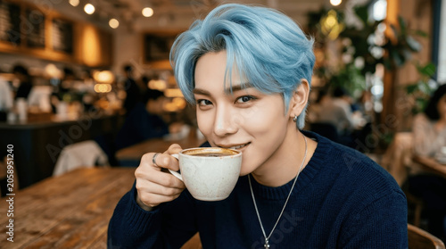 Young Asian Man with Blue Hair Drinking Coffee
