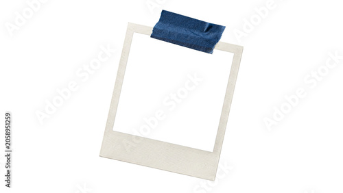 Картината върху платно Blank polaroid photograph with blue tape affixed to the top isolated on transpar