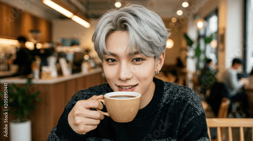 Asian man with silver hair drinking coffee