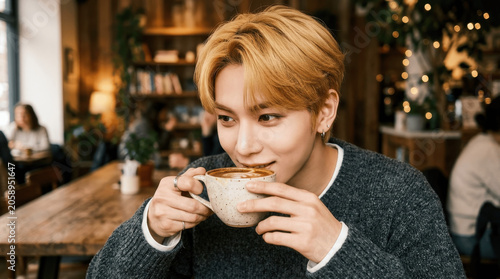 Young Asian Man with Blonde Hair Drinking Coffee
