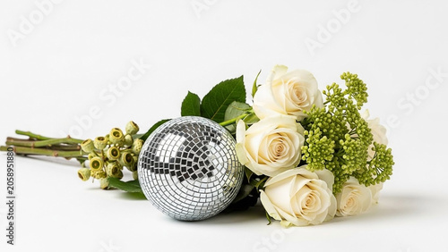 Bouquet of White Roses with Disco Ball and Eucalyptus