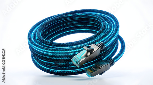 A coiled blue ethernet cable with metallic RJ45 connectors rests on a clean white surface, ready for high-speed data transfer.