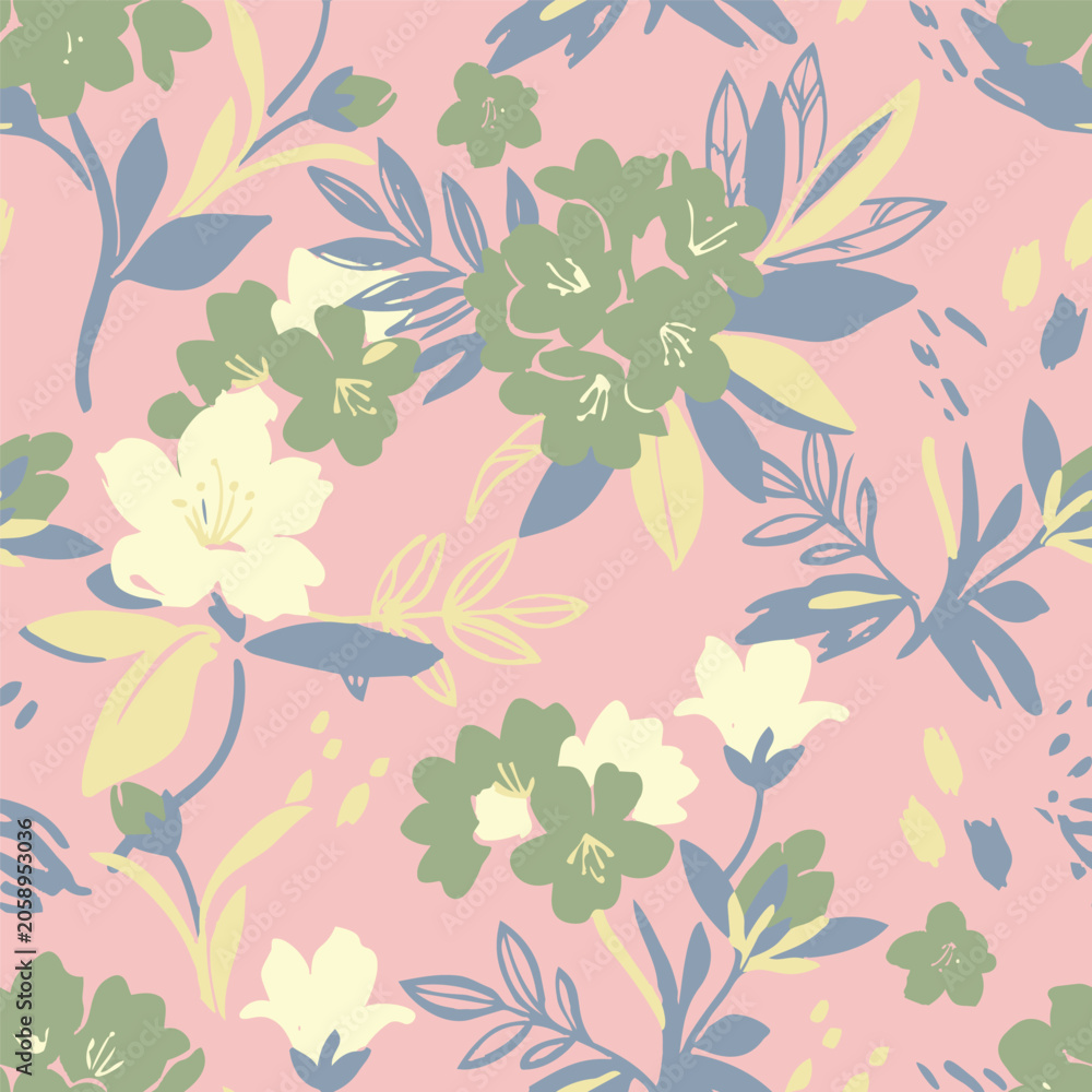 Fototapeta premium Beautiful seamless vector floral pattern with soft pastel green, yellow and blue blossoms over a dusty pink background. Perfect for textile print.