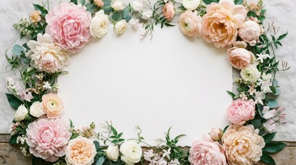 Soft pastel floral arrangement framing a blank white space for text