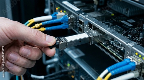 IT engineer installing fiber optic transceiver module into network switch.