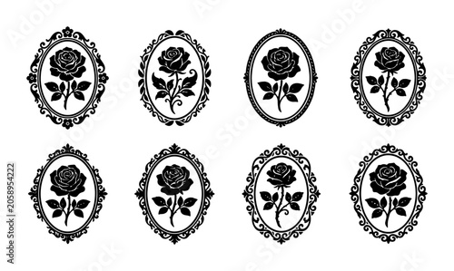 Fotografía Elegant Rose Cameo Vector Icons, Vintage Floral Silhouette Emblems, Romantic Bla