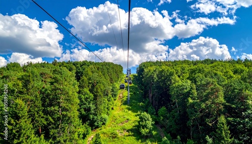 Cable car ascending forest mountain
