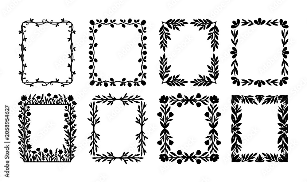 Fototapeta premium Set of 8 Hand-Drawn Floral Square Frames, Botanical Borders, Decorative Elements for Invitations, Cards, and Craft Projects, Black and White Vector Graphics
