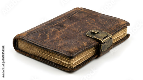 An antique leather-bound journal with aged, yellowed pages and a tarnished brass clasp sits closed, hinting at forgotten stories and timeless wisdom.