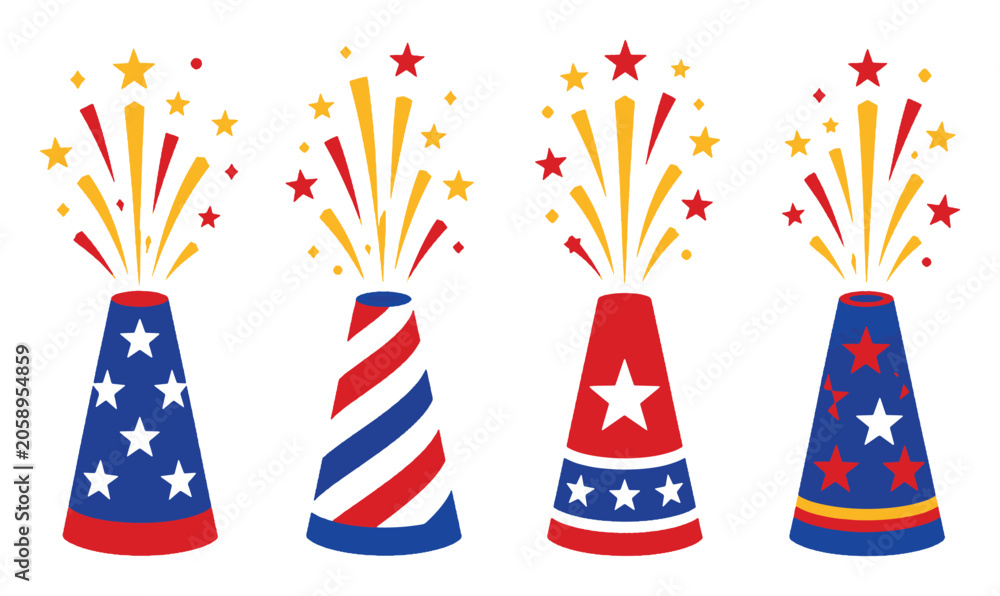 Fototapeta premium Four american flag fireworks in patriotic colors for holiday celebration