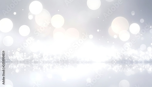 Gleaming backdrop with sparkling bokeh and surface reflections, filled with soft, glowing lights and a shimmering effect
