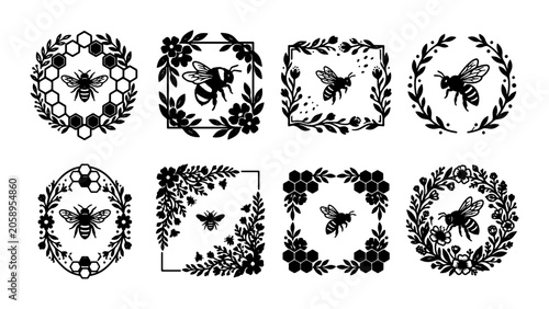 Photos Set of 8 Vector Bee and Honeycomb Emblems, Floral Wreaths, Decorative Borders, I