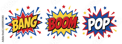Comic book style speech bubble explosions with bang boom and pop sound effects set