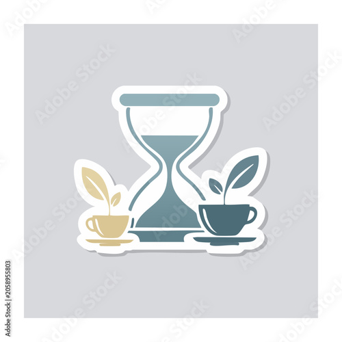 Flat design illustration of hourglass and coffee cups with plants