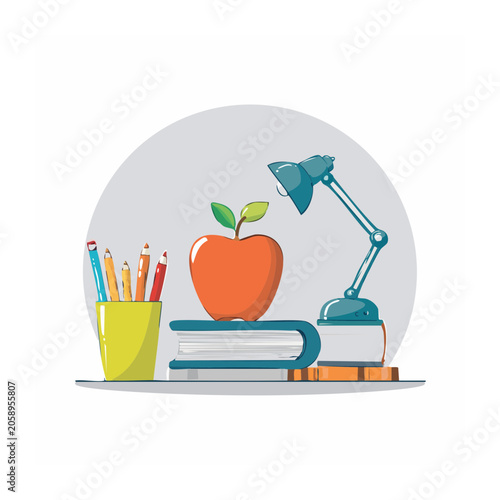 Flat design illustration of study desk with apple books and lamp
