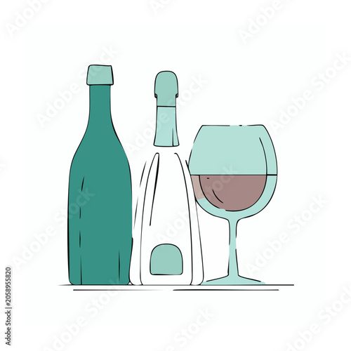 Flat design illustration of wine bottles and glass