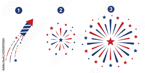 Set of patriotic fireworks icons representing movement and explosion sequences