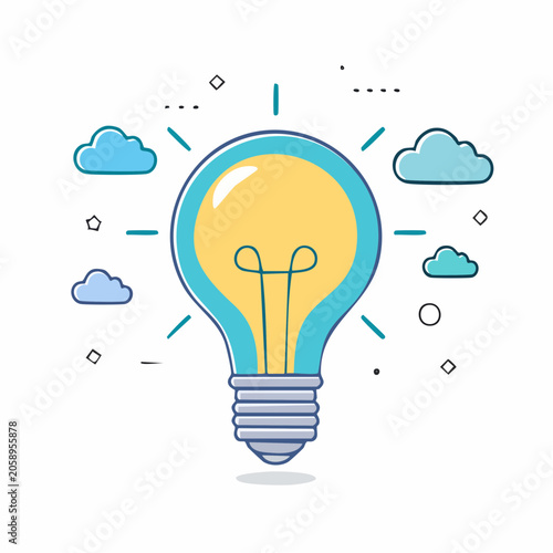 Light Bulb Idea Symbol with Clouds and Geometric Shapes
