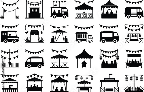 Foto Set of market stall, food truck, and canopy tent icons for various outdoor event