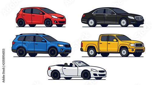 Modern car collection vector set featuring suv sedan hatchback pickup and convertible isolated on white