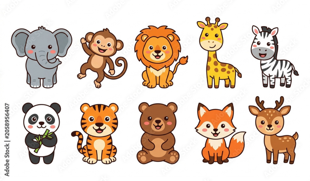 Fototapeta premium Wild Animals Vector Collection Featuring Lion Elephant Giraffe Zebra and Forest Wildlife
