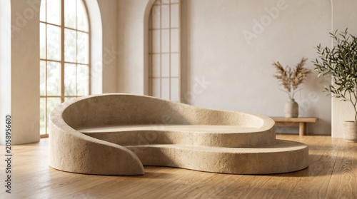 A minimalist Japandi interior featuring a curved stone-textured podium sofa on light wood floors with arched windows and natural greenery.
