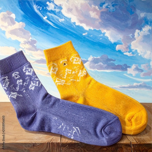 Colorful socks on wooden surface
