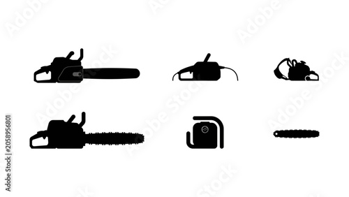 Valokuva Set of six black and white chain saw and power tool icons in simple line style V