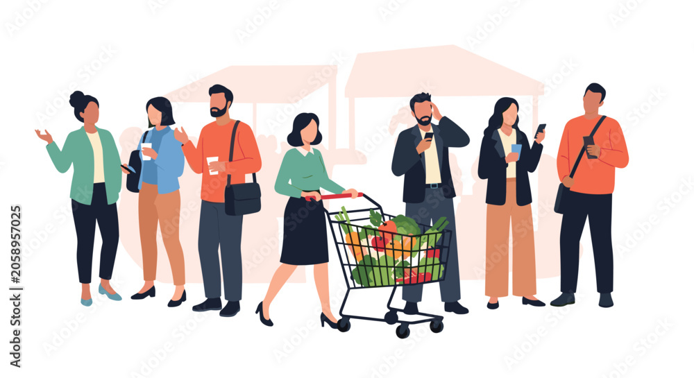 Obraz premium Diverse group of people standing in a long queue for grocery shopping with some talking and others on their phones.