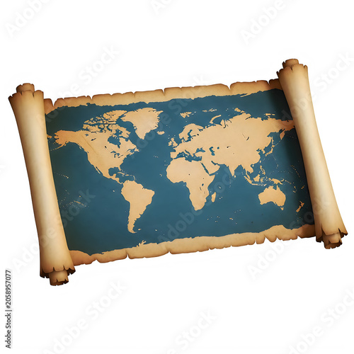 Old vintage world map on a rolled paper scroll isolated on transparent background