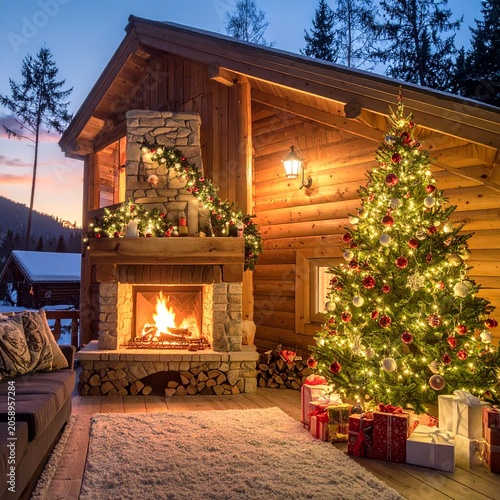 Cozy winter cabin Christmas scene