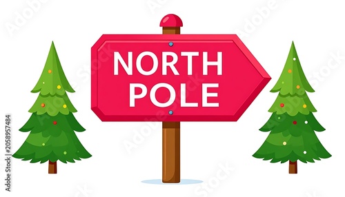 Directional sign to North Pole, with Christmas trees, features bright colors against a white background in a cartoon style