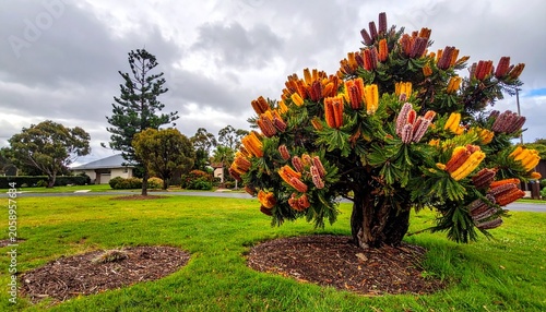 Colorful bush, cloudy sky, grassy area