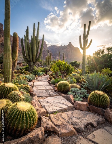 Desert path with cacti sunrise