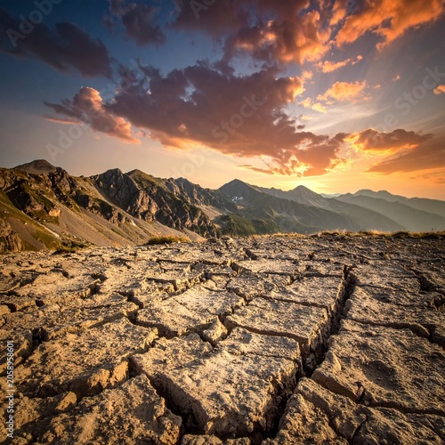 Cracked earth meets mountain sunset