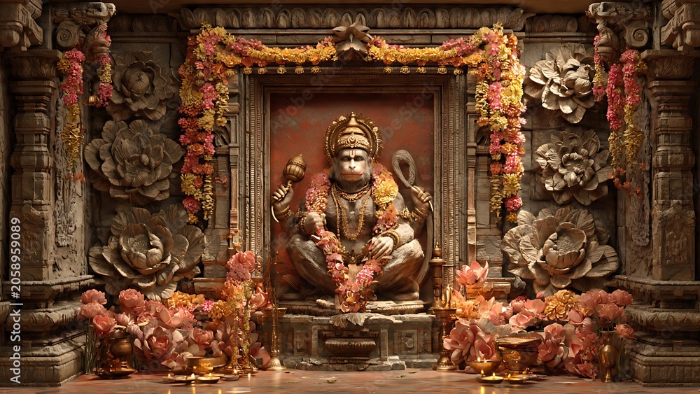 Fototapeta premium Intricate golden statue of Hindu deity surrounded by offerings.