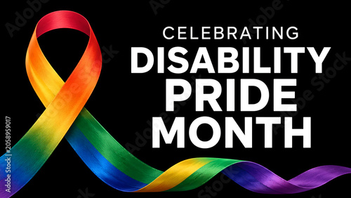 Rainbow ribbon on dark background, celebrating disability pride month 2026, representing support, inclusivity, and awareness for the community