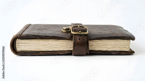 An aged, leather-bound diary with a brass buckle closure rests closed, its pages slightly worn, suggesting stories untold within its vintage cover.