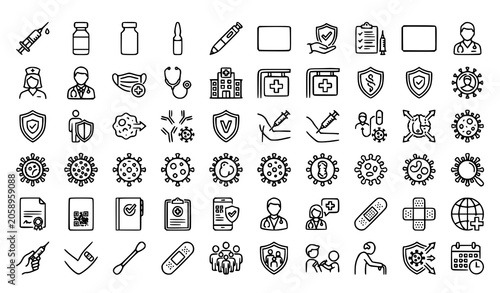 Cuadro en lienzo Medical vaccination monoline icon set with syringes vaccines flu hepatitis measl