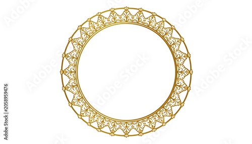Golden filigree circle frame on white; intricate ornamental details. Elegant, decorative and opulent design element