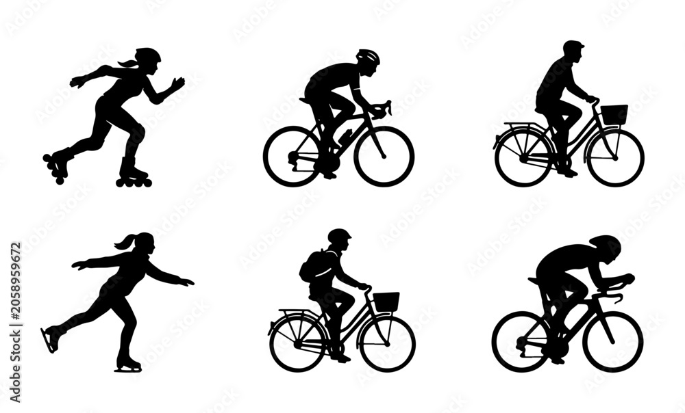 Obraz premium Sports Silhouettes: Rollerblading, Ice Skating, Road Cycling, Triathlon Biking, Vector Icons for Active Lifestyle and Fitness Graphics