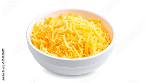Grated cheese in a white bowl against a white background, vibrant colors, ideal for cooking or food blogs
