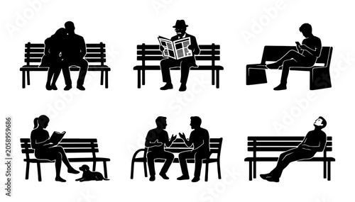 Obraz na plátne Vector Silhouettes of People on Benches, Diverse Activities, Urban Park Scenes,