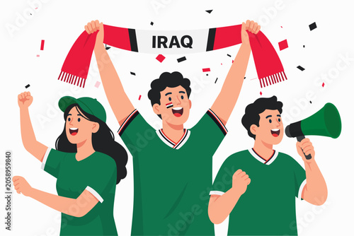 Schilderij op canvas Vector illustration of enthusiastic Iraqi football supporters celebrating a victory with national colors, fan scarf, cheering crowd, and festive atmosphere