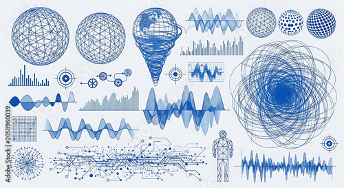 Set of abstract blue digital data visualization charts and science diagrams with visualization diagrams technology abstract infographic statistics analytics analysis information research