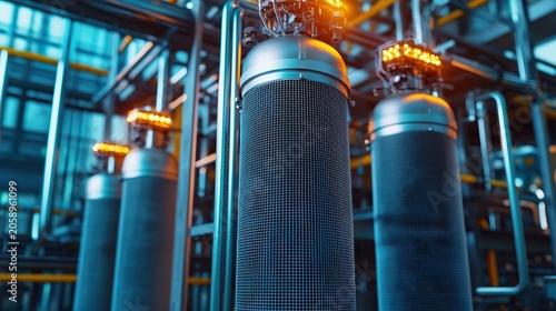Automated atmospheric carbon capture units CO2 absorption mesh, subtle gas flow, glowing indicator, carbon conversion material. 