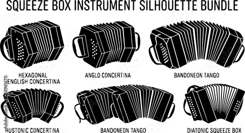 Foto Accordion and Box Instrument Silhouette Set – Concertina, Bandoneon, Tango Music