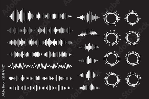 Bild auf Leinwand Podcast audio waveform and equalizer bars set, monochrome sound frequency lines and voice recording elements