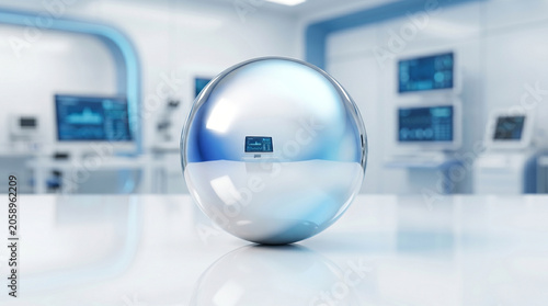 A large metallic sphere with a small computer monitor on a white table in a laboratory setting